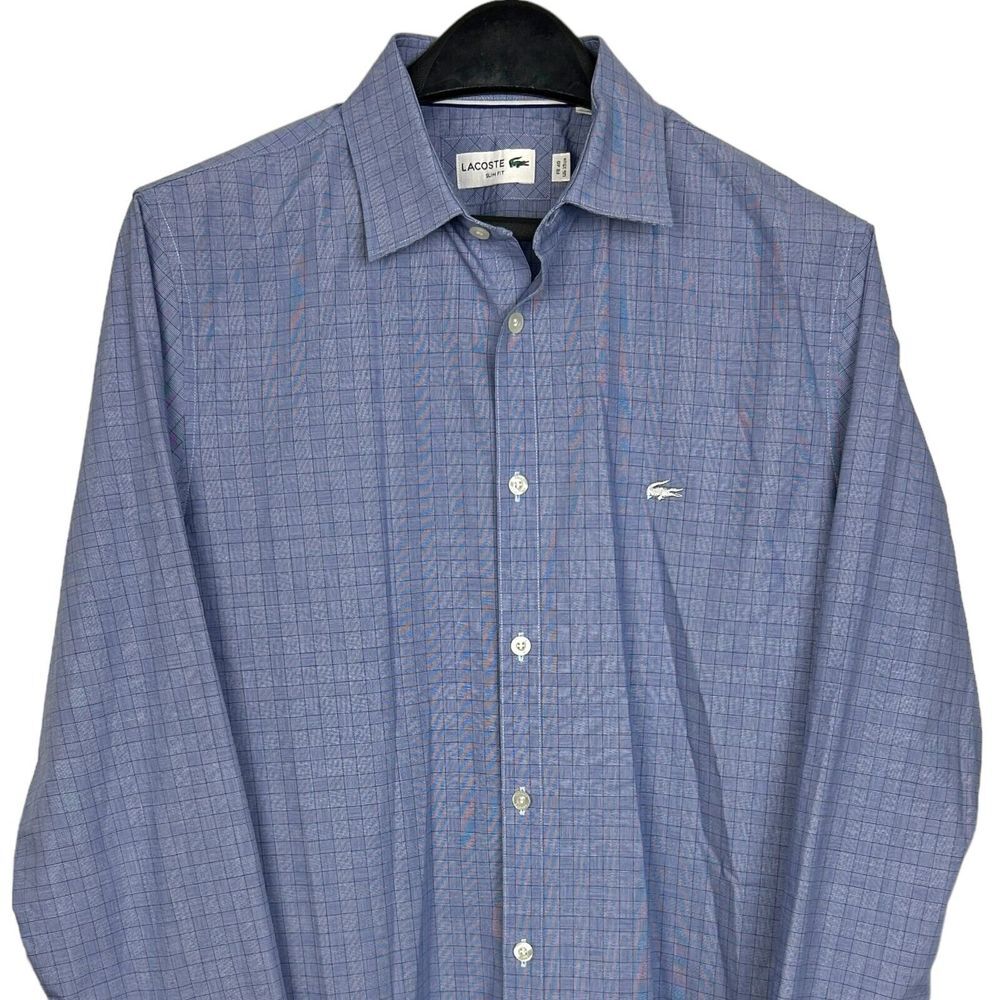 Lacoste Men's 40 15.5‎ (Medium) Slim Fit Button Up Blue Check Cotton Shirt